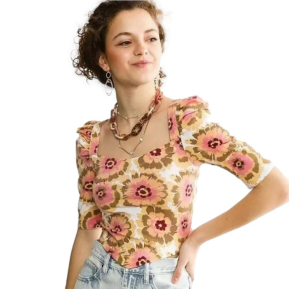 Free People Tops - Free People Floral Puff Sleeve Crop Top L NEW Cottagecore Boho Peasant Milkmaid